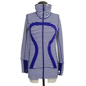 Lululemon‎ In Stride Jacket 4 Blue White Striped Knit Full-Zip Thumbholes